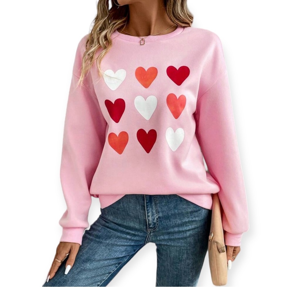 SHEIN Heart Graphic Sweatshirt Multi Colored Hearts Light Pink Valentines NWT
